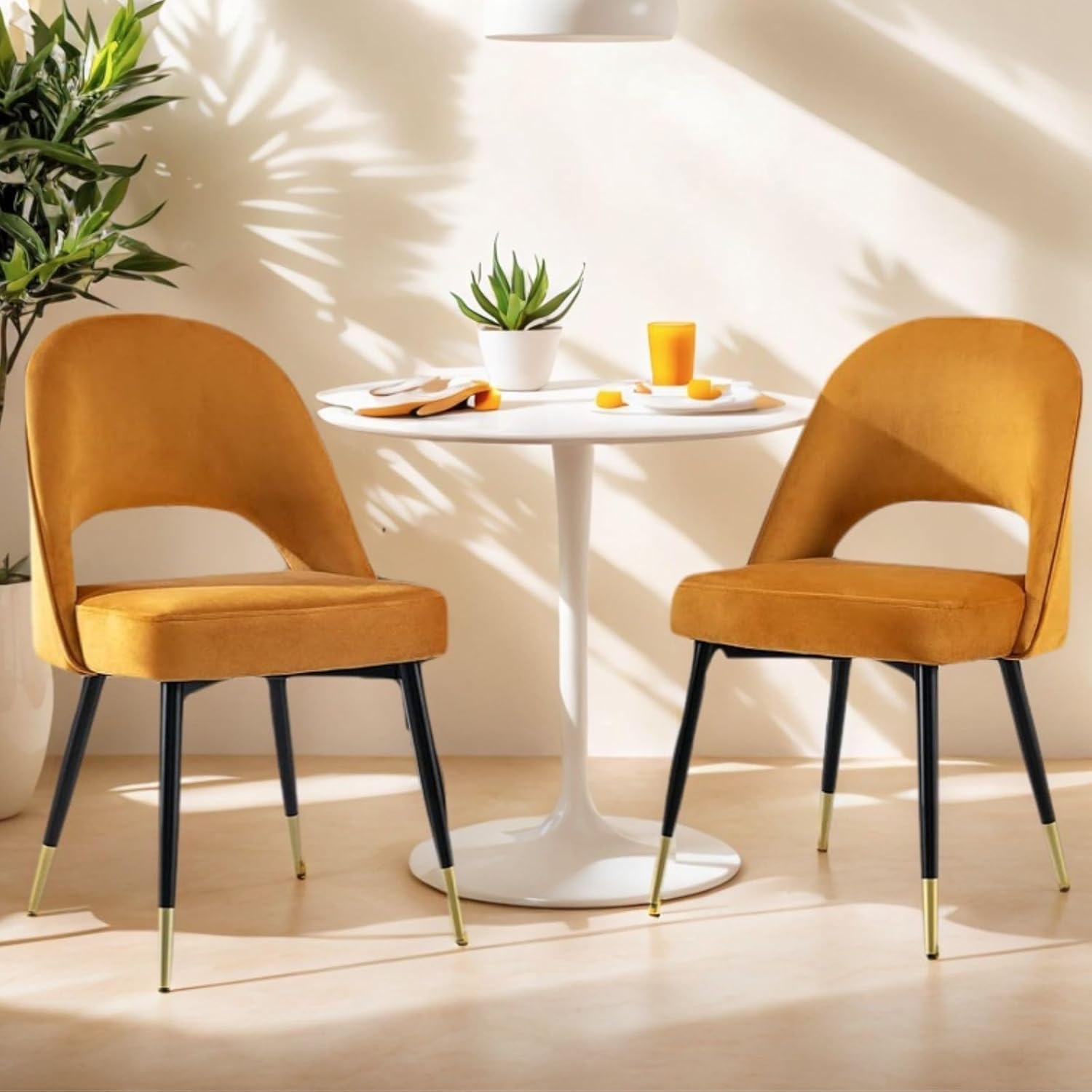 chairus 2PCS Sillas de Comedor Elegante de Terciopelo, Amarillo | Elegante, Respaldo Hueco, Patas Metálicas, Estilo Moderno