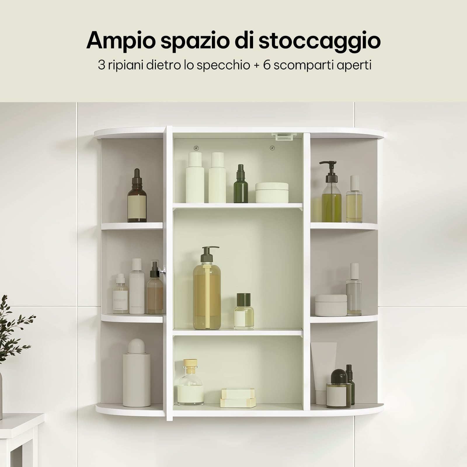 eSituro Armadietto Bagno con Specchio a Ante e Ripiani Regolabili Contenitore Armadietto a Muro, Bianco, 60x58x16cm