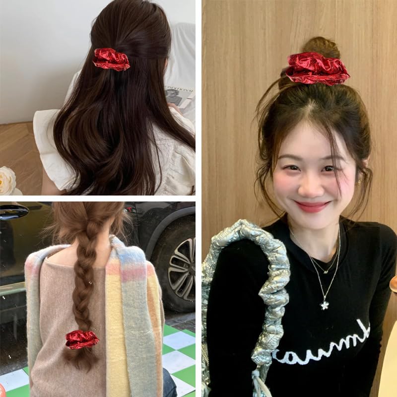 Wide Red Hair Scrunchie for Women Girls Wide Leather Hair Tie for Thick Fine Hair Red Leather Hair Accessories for Christmas Party Plain Soft Hair Bobbles for Short Long Hair Christmas Gifts - Image 4