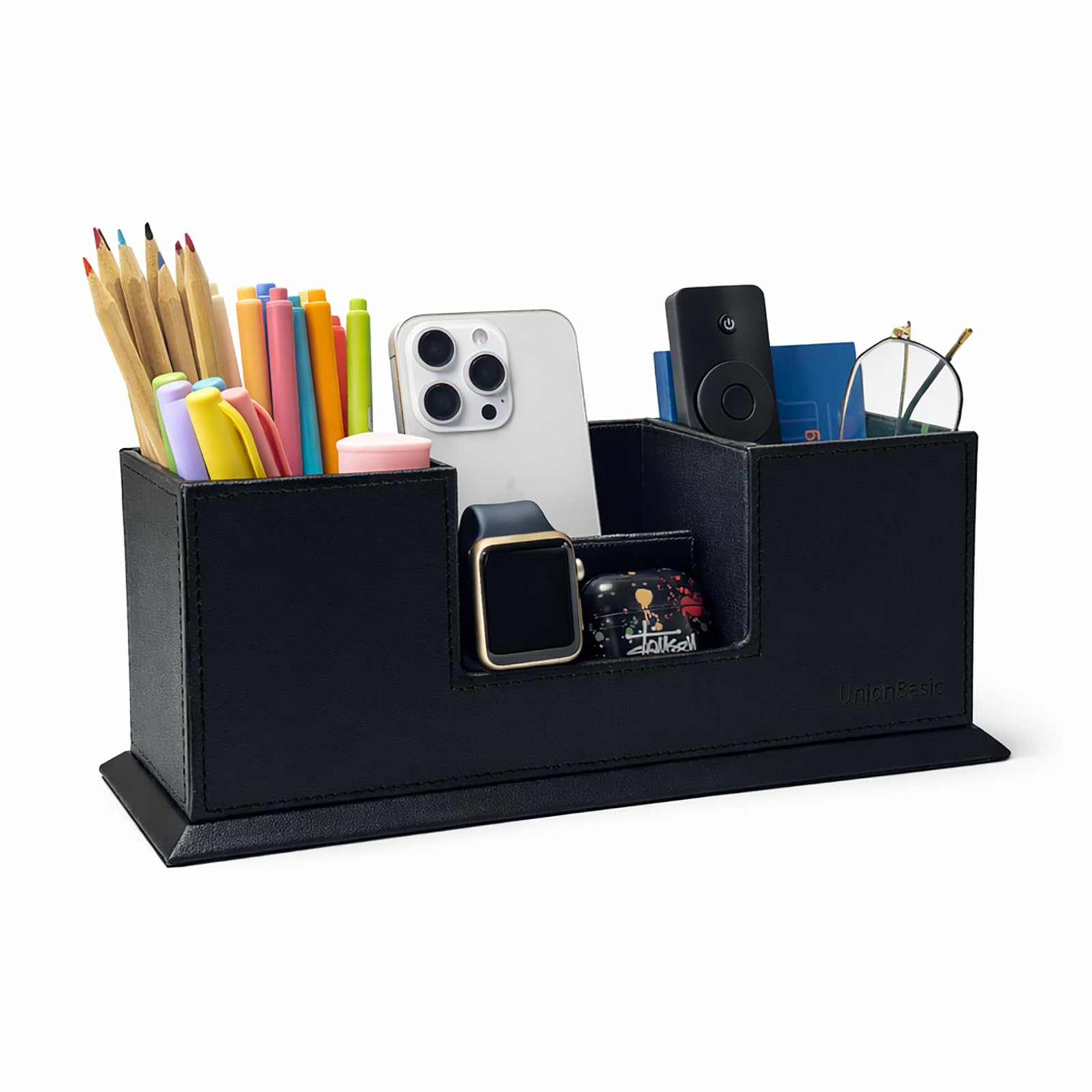 UnionBasic PU-Leder-Schreibtisch-Organizer, 4 Fächer für Stift/Bleistift/Handy, Schreibwaren-Halterung, Sammler, Organisieren von Schreibtischzubehör schwarz