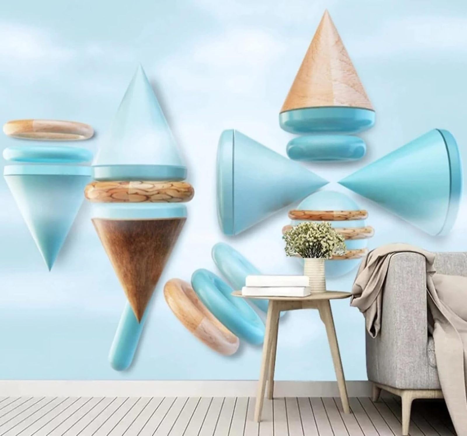 Three Dimensional Geometric Triangle Light Blue Conical 3D Wallpaper Easy Install Feature Office Living Room Sofa Bedroom TV Background Wall Decoration-250cm×170cm