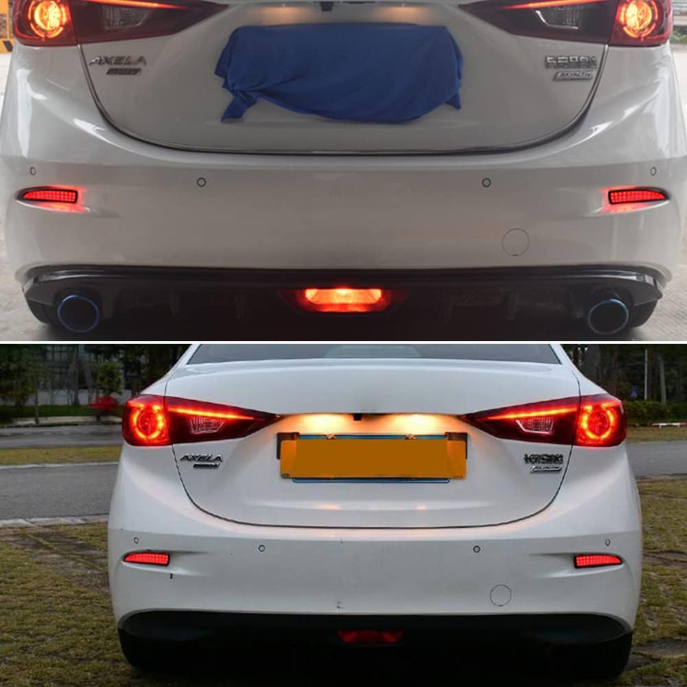 Smoked Lens LED Rear Bumper Reflector Lights Compatible with Mazda 3 5 6, 2016-2020 Toyota Yaris, Function as Tail, Brake & Rear Fog Lamps
