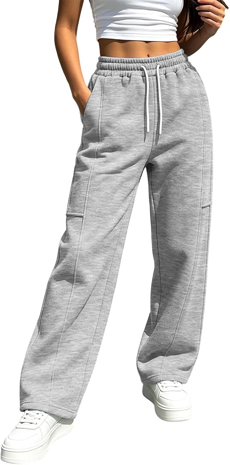 Womens Wide Leg Drawstring Elastic High Waist Fall Sweatpants