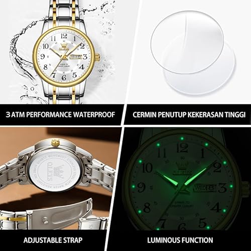 Elegant Two-Tone Waterproof Women's Dress Watch - OLEVS Gold and Silver Stainless Steel Analog Quartz Timepiece - Image 5