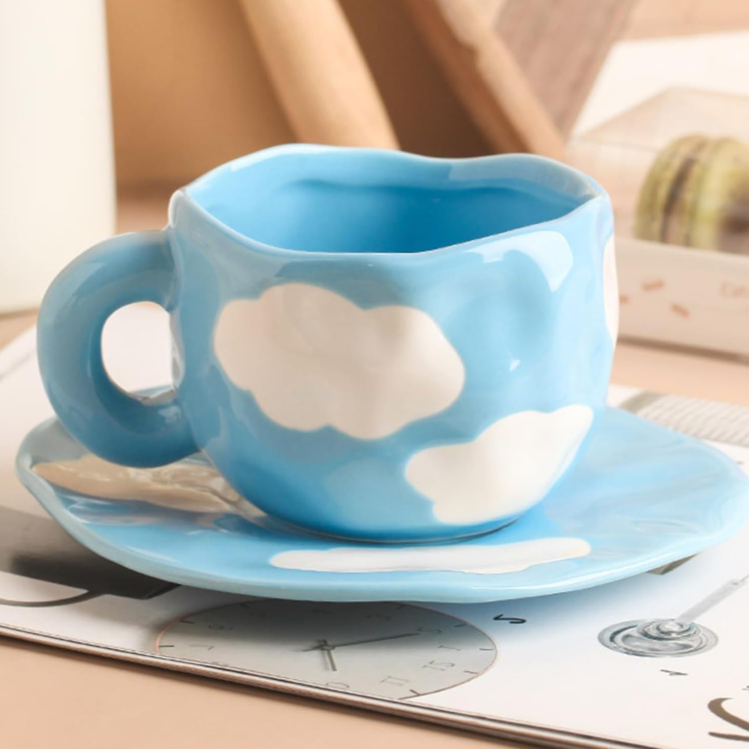 Set Tazze Ceramica Nuvole Dipinte A Mano - 250ml Con Piattino, Design Irregolare Creativo - Foto 11