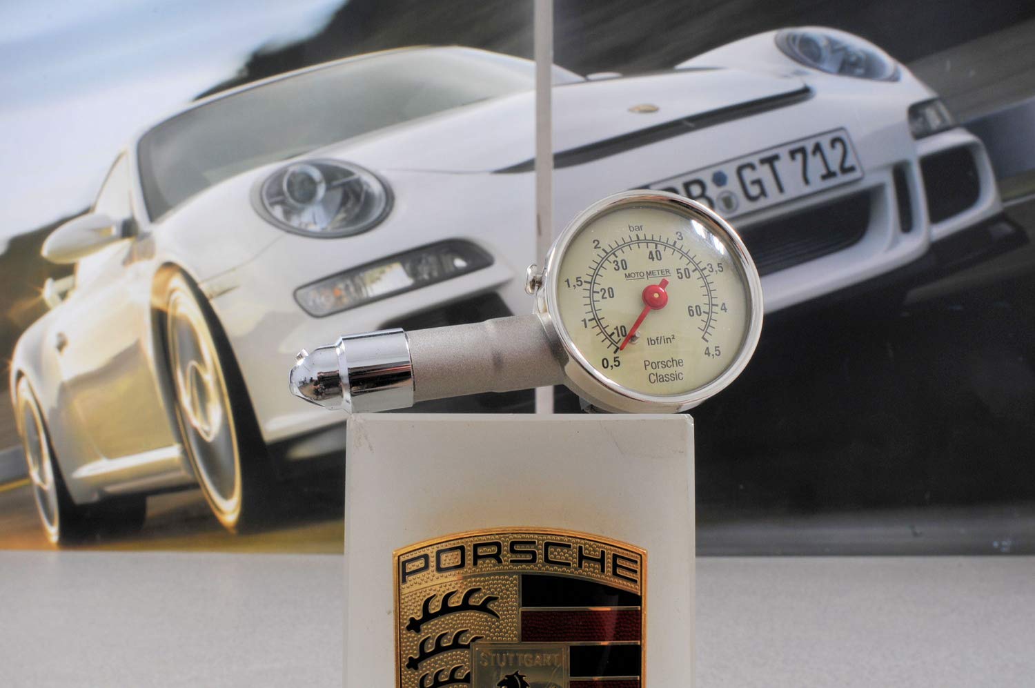 Porsche Manómetro clásico de presión de neumáticos + funda de piel 911 944 964 993.