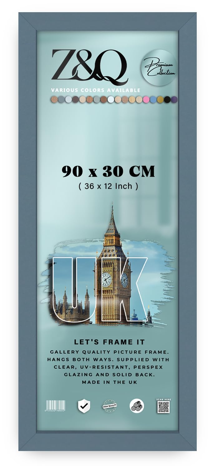 Z&Q | Premium MDF Picture Frame (90 x 30 CM) Classic Wood Texture, Hanging Design 36 Inch x 12 Inch Certificate & Art Display, 900 x 300 mm [ Dark Grey ]