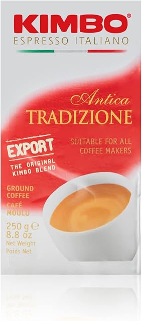 Kimbo Antica Tradizione Cafetière au sol, Rôtissement moyen, Intensité 9/13 , Râti, mélangé et fabriqué en Italie , Parfait pour les expresso & Moka Pot 250g / 8.8oz | Motif de l'espresso & Moka , rôti à Naples , Italie , Extra torréfaction foncée ,10/13 Intensité , F