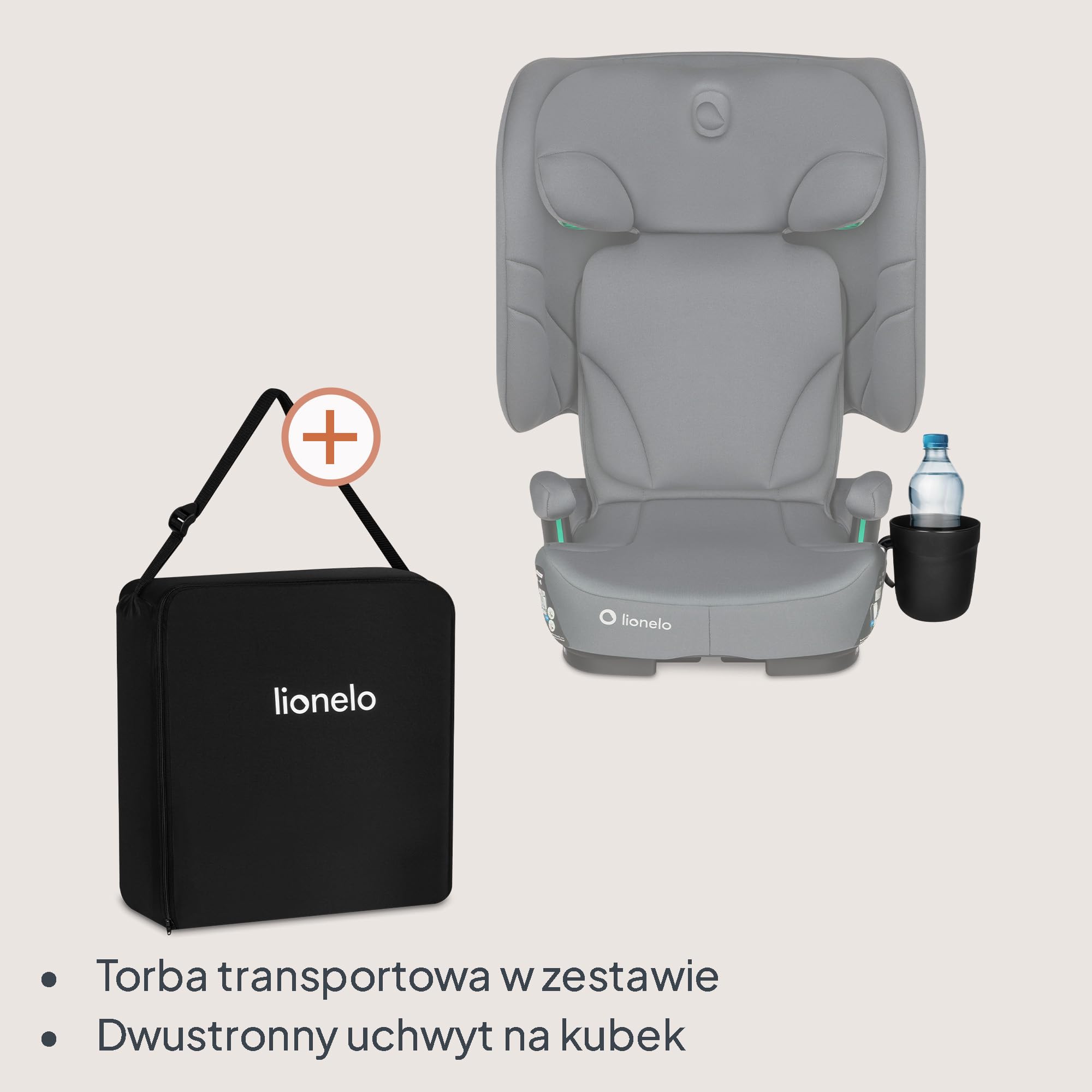LIONELO Bezpieczny Składany Fotelik Samochodowy I-Size R129 Z ISOFIX Podróżny z Torbą Transportową i Uchwyt Na Kubek 14-Stopniowa Regulacja Zagłówka Regulowane Oparcie dla Dzieci 100–150 Cm 3–12 lat | Od 3,5 do 12 lat, 4 pozycje leżenia, 14-stopniowy zagł