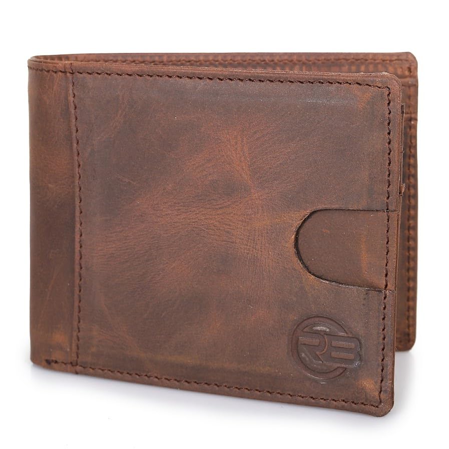 ROSS BROWN Top Grain Leather Wallet for Men | RFID Blocking | Bifold, Extra Capacity with 1 ID Windows | Ultra Strong Stitching | Slim Billfold with 5 Card Slots | Gift for Him
