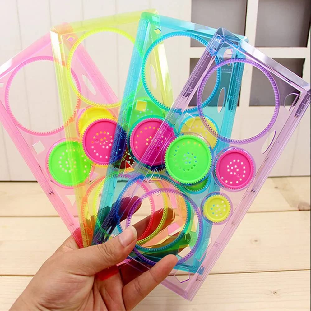 MUREN Scale Spirograph- Ruler Stencil Painting (Pack of 2), Multi-Function Interesting Puzzle Spirograph Children Drawing Plastic Ruler Random Color Kids Painting Tools 4
