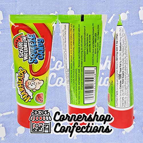 Warheads Sour Watermelon Squeeze Candy Bulk Pack With Cornershop Confections Gift Travel Bag - 4 2.25 Ounce Tubes Of Warheads Squeeze Candy - Road Trips, Lunch Box, School, Work, Gym Bag, Air Plane Snack #TOP1
