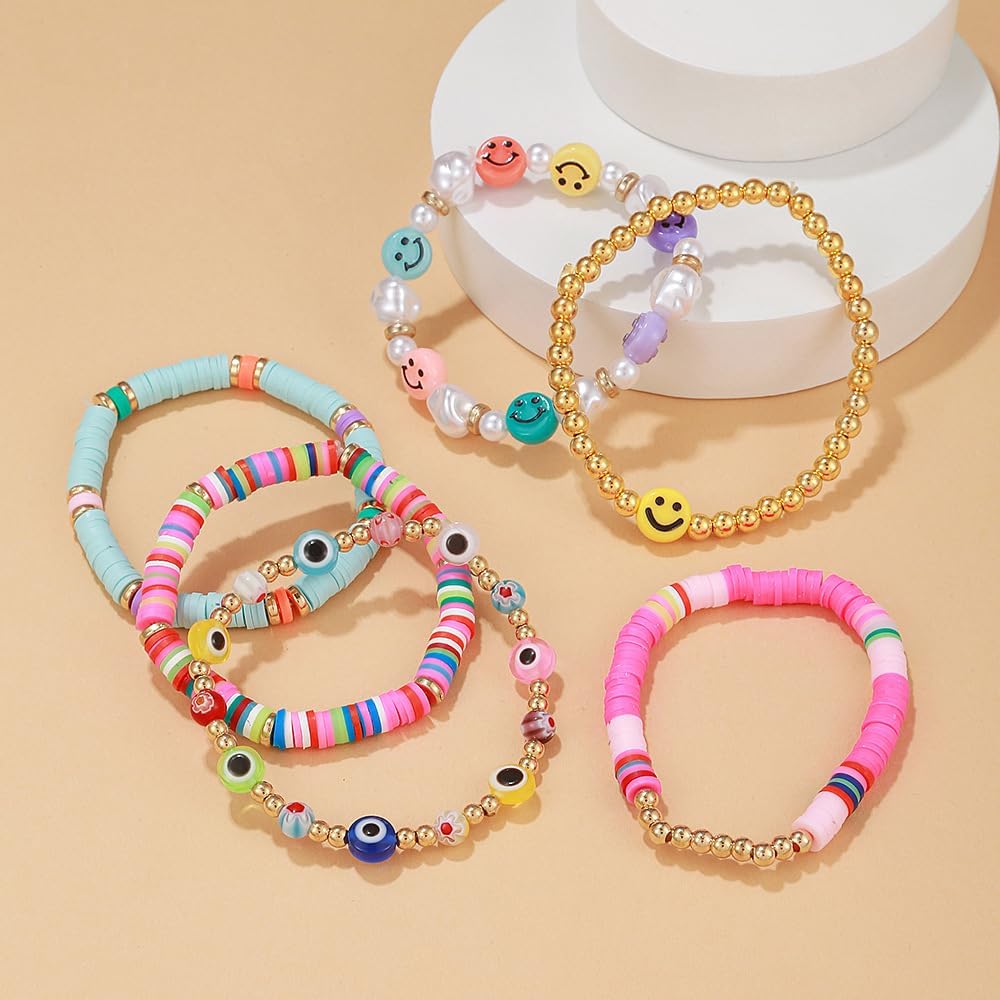 Preppy Jewelry Bracelets for Women Handmade Friendship Bracelets Clay Bead Colorful Surfer Heishi Bracelet Set Stackable Boho Y2K Summer Beach Elastic Layering Bracelets - Image 2