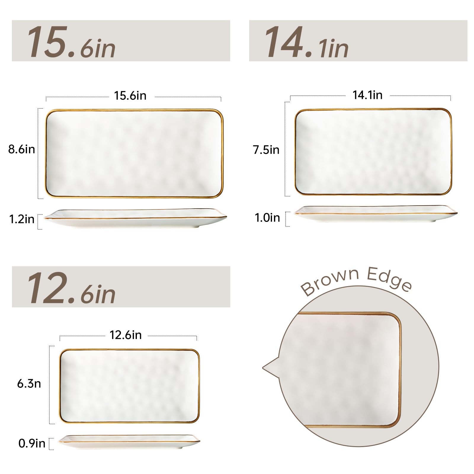 Plateau de service rectangulaire en céramique avec bord marron : grands plats de service de 39,6/36,1/32,6 cm pour réception, dinde, fromage, sushis, collations et desserts, passe au
