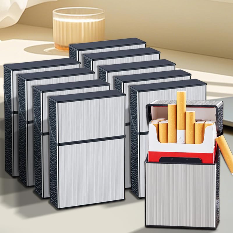 Pacote com 10 estojos de cigarros, à prova de esmagamento, serve tanto para maços de cigarros macios quanto duros, caixa de armazenamento portátil de viagem para homens e mulheres, prata
