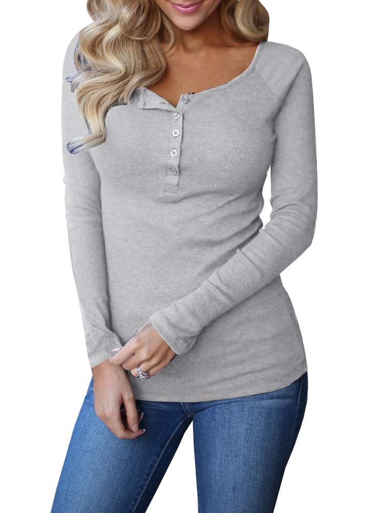 RemikstytWomens Long Sleeve Henley Shirts Ribbed Button Down Casual Tunic Tops