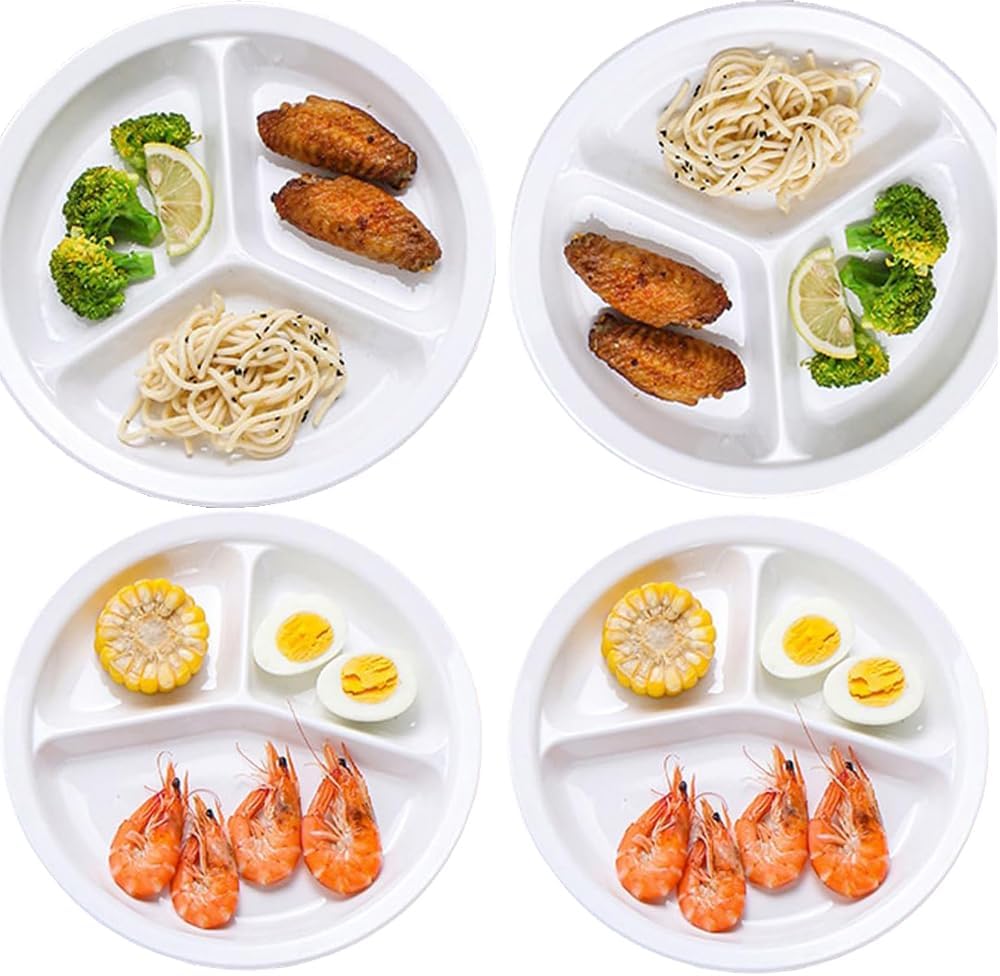 Reusable Dinner Plates 4 Pack 10.25 Inch Plastic White Divided Plates for Adults Camping 3-Compartment Portion Control Plate Round Diet Lightweight Dinner Plates