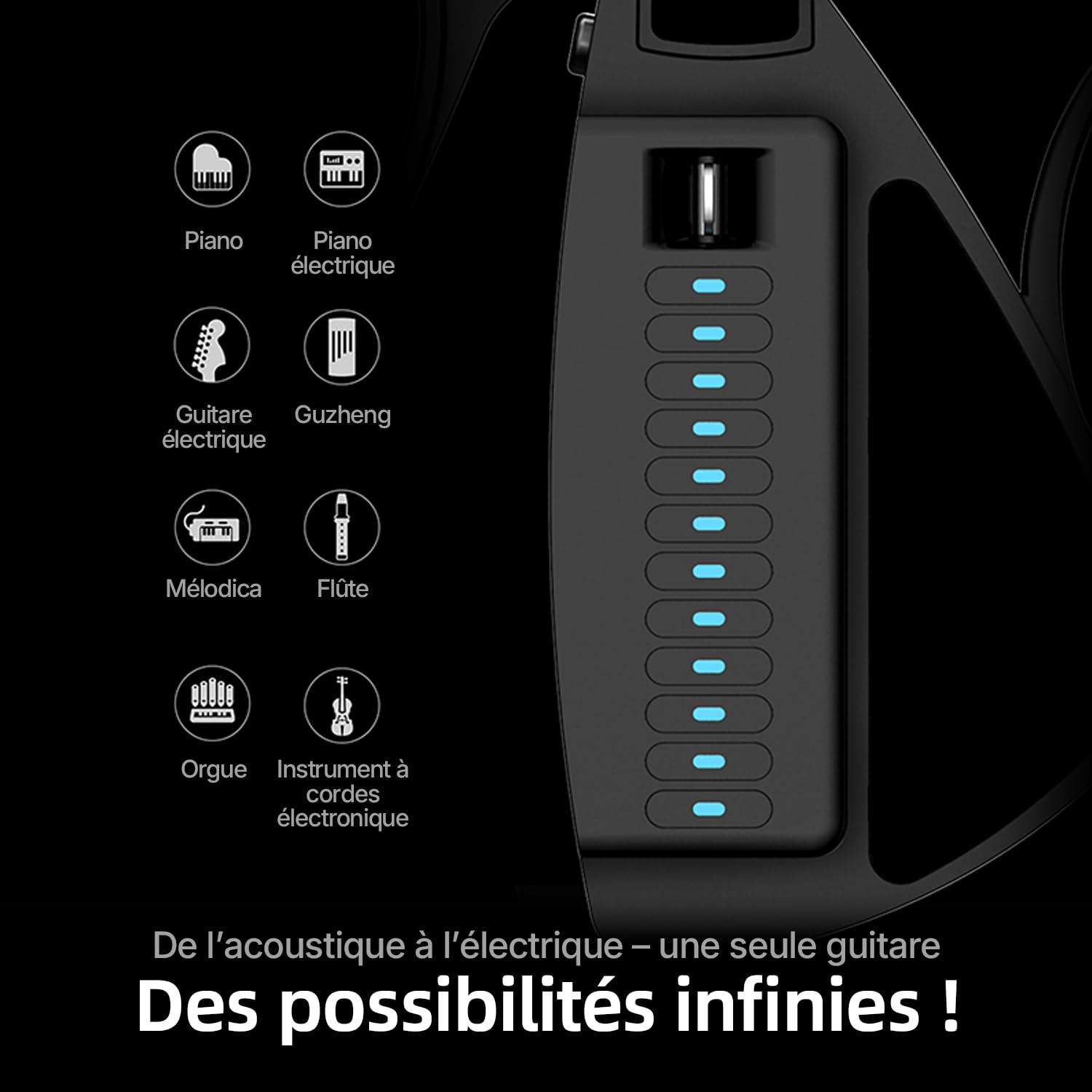 Enya CYBER-G Guitare-Smart Sans Cordes – Innovante Travel Guitar portable & Silent E-Guitar avec touches LED, Drum & Bass, centaines de sons, haut-parleur intégré pour apprentissage rapide