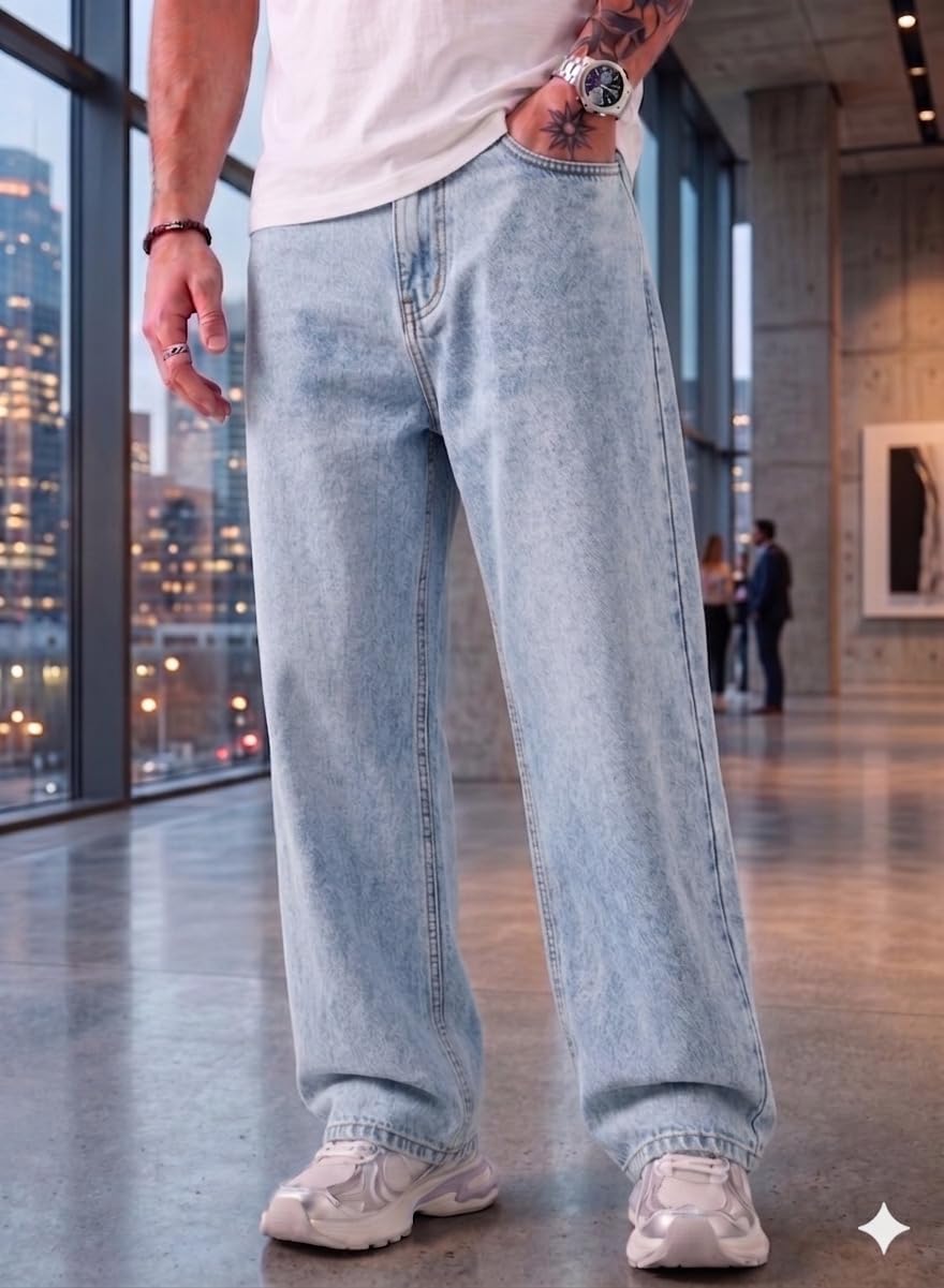 Loose Fit Mid Rise Light Blue Men Denim Jeans-image-46