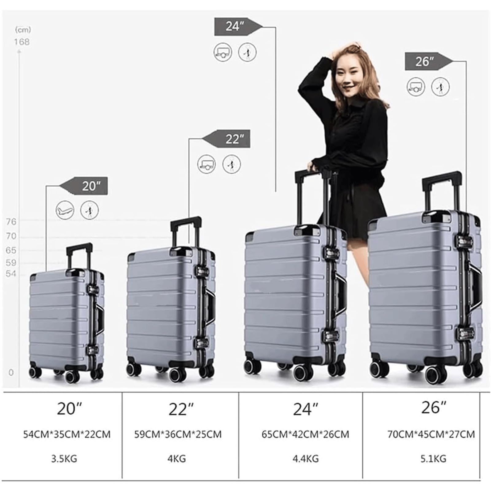 Maleta Maletas de Equipaje con Ruedas giratorias de Doble Fila, Cubierta de Carrito de Aluminio para Negocios, Cerradura de combinación TSA Dual portátil para Viaje Bolsas de Viaje