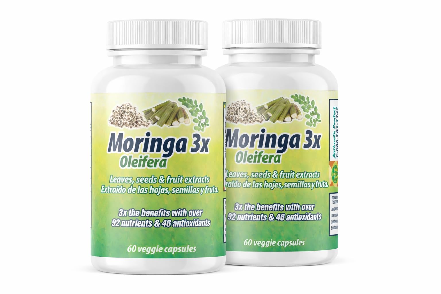 Moringa en Capsulas naturales. Set de 2 frascos. Triple accion, extraida de la planta, fruta y semillas.Alto contenido de proteinas, vitaminas y minerales