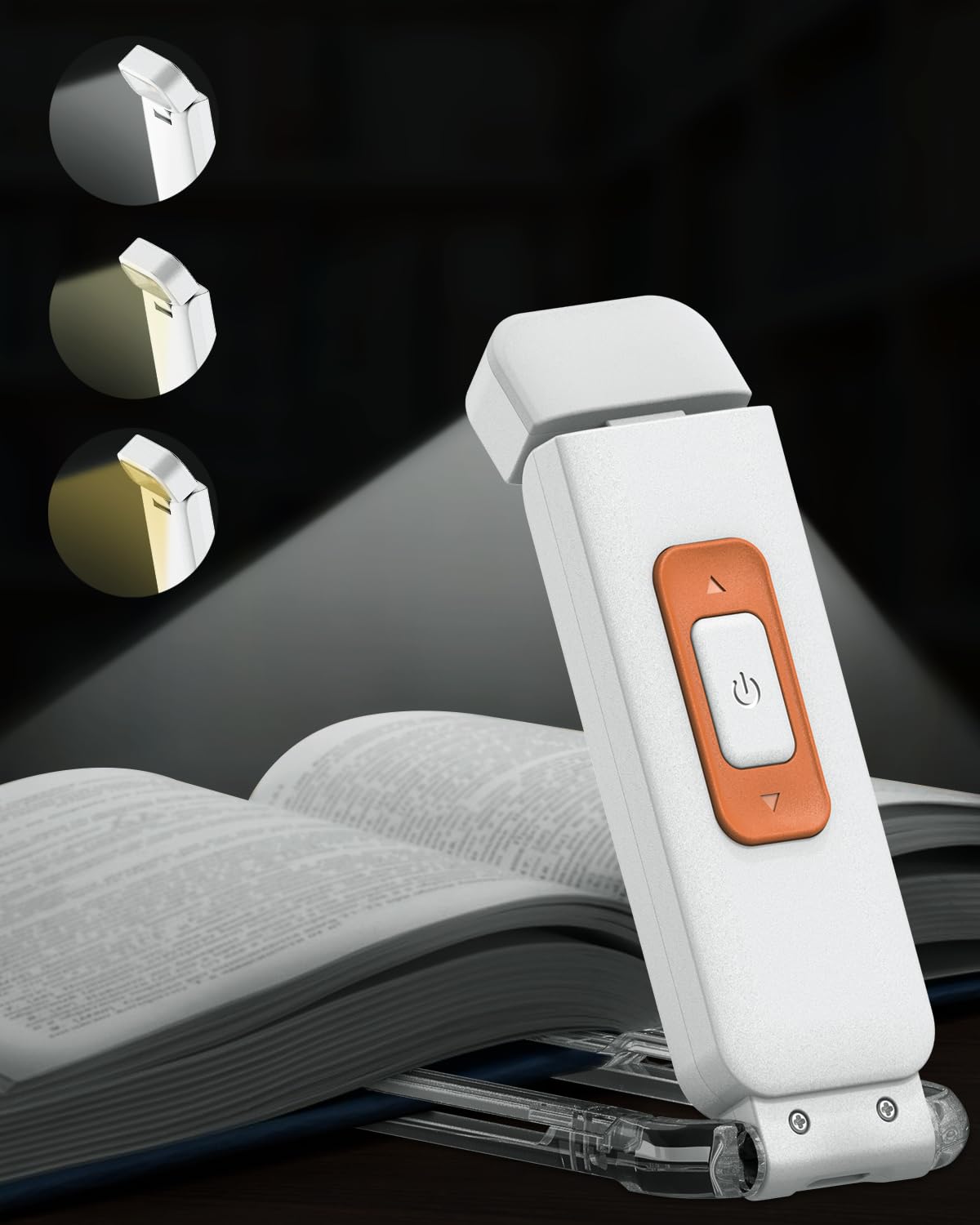 SFV Portable Book Light, Clip-On Rechargeable LED Reading Light for Books in Bed, 3 Amber Colors & 5 Brightness Adjustable, Compact & Long Lasting, Perfect for Book Lovers, Kids, White