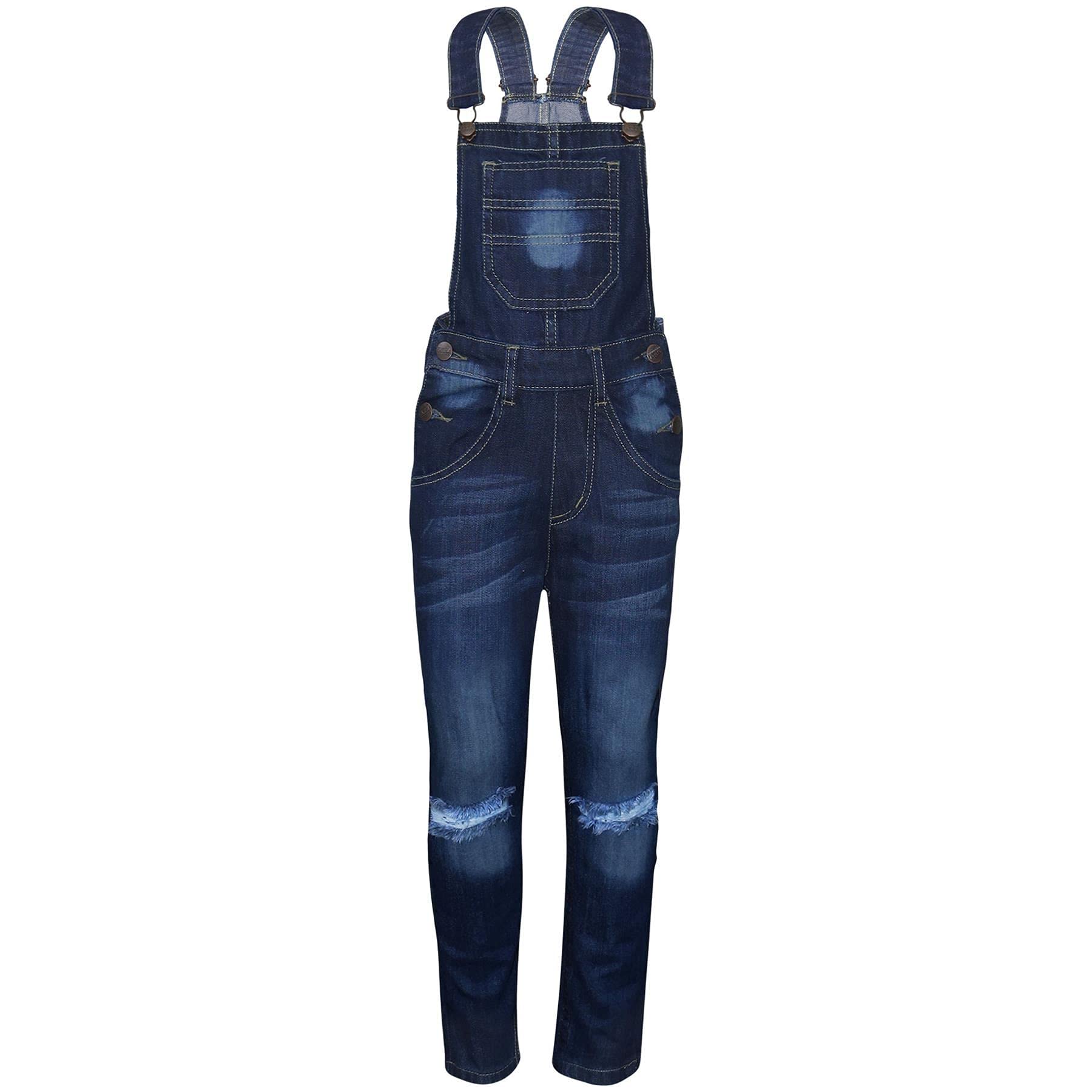 Kids Girls Denim Dungaree Knee Ripped Jeans Overall All in One Jumpsuit