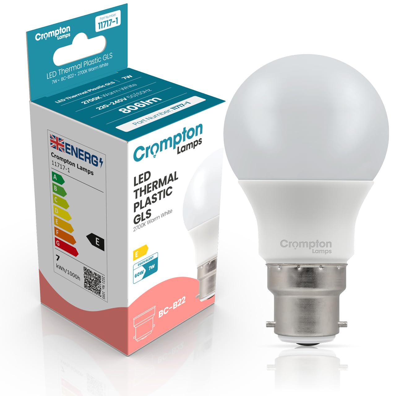 Crompton Lamps GLS LED B22 Bulb | 7W = 60W Equivalent | Warm White 2700K | Energy Efficient | Bayonet Lightbulb | Long Life 15,000-Hrs | Bulbs for Lamps