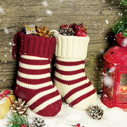 Limbridge Christmas Mini Stockings, 6 Pack 9 Inches Knitted Knit Stripe Rustic Holiday Decorations, Goodie Bags For Family And Friends, Burgundy And Cream #TOP4
