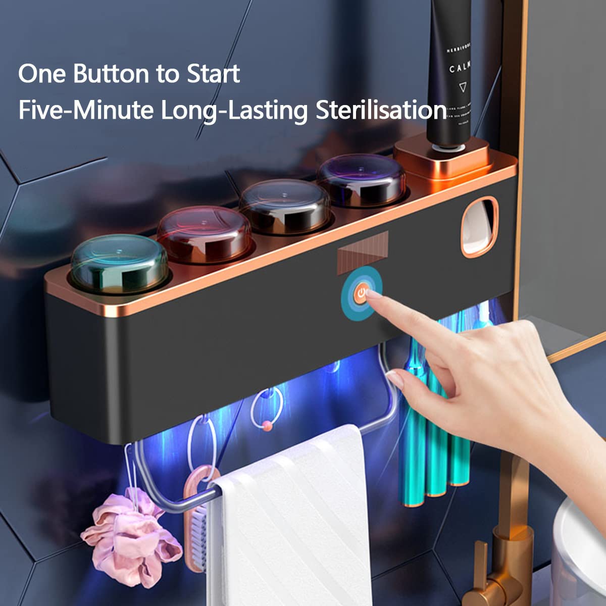 LANMOU Portacepillos de Dientes Pared, Soporte Cepillo de Dientes Esterilizador UV con Dispensador de Pasta de Dientes, Cajón de Almacenamiento de Cosméticos y USB Recargable, Sin Taladro