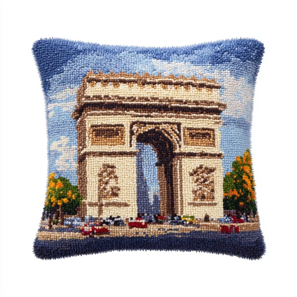 Taxpy Latch Hook Kits for Adults Beginners,Arc De Triomphe Architecture Pre-Printed Latch Hook Pillow Kit,Craft Rug Making Kits,DIY Embroidery Cushion for Home Sofa Decor & Gift Idea 17X17 in.
