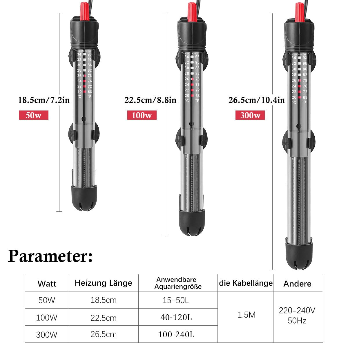 FEDOUR 100W 40-120L Aquarium Heizung, Verdicktes Quarzglas Aquarienheizer, Temperatur Einstellbare Aquarium Heizer Mit Saugnäpfen/Thermostat