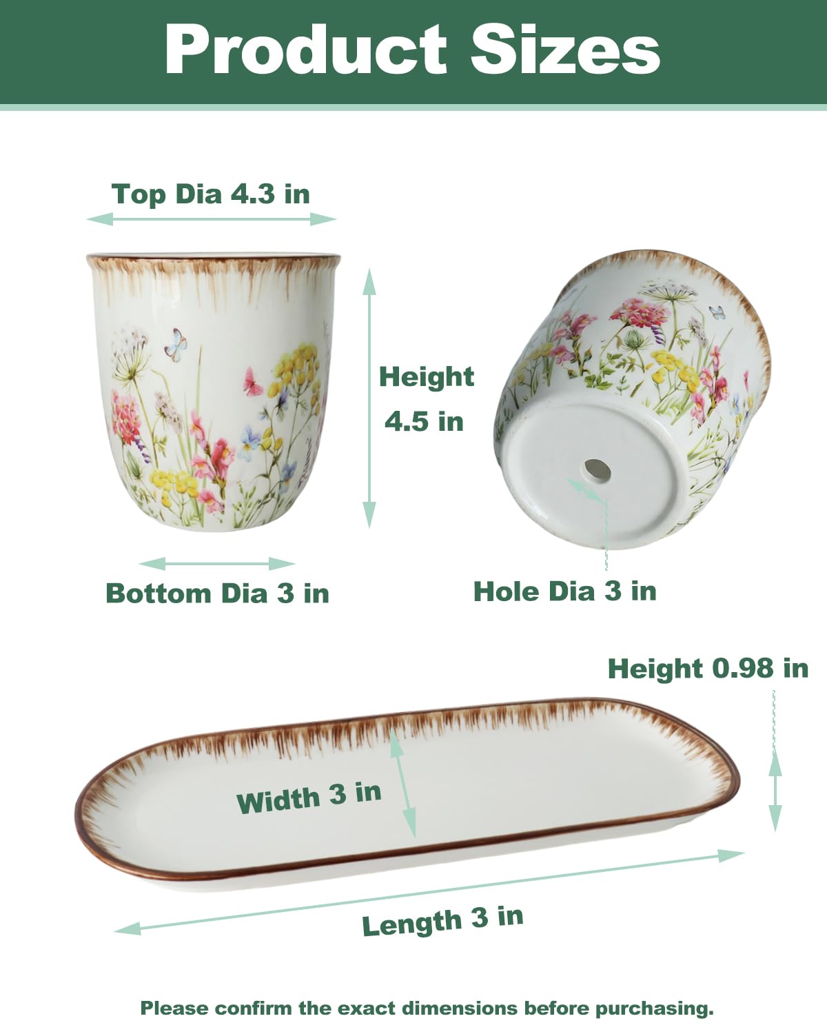 Keramik Pflanzgefäß Set mit Tablett - 3 Kleine Blumentöpfe mit Drainage, Dekorative Blumenkräuter Pflanzgefäße für Küche Fensterbank, Indoor Sukkulenten Töpfe für Pflanzen, Keramiktöpfe mit langem
