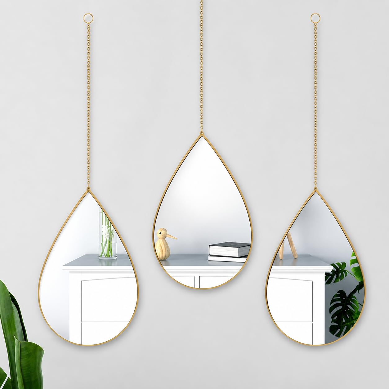 Amazon Brand - Solimo Set of 3 Teardrop Wall Mirrors, Modern Hanging Decorative Mirrors with Gold Frames and Chains, Elegant Accent Mirrors for Living Room, Bedroom, Entryway, Home Decor-image-24