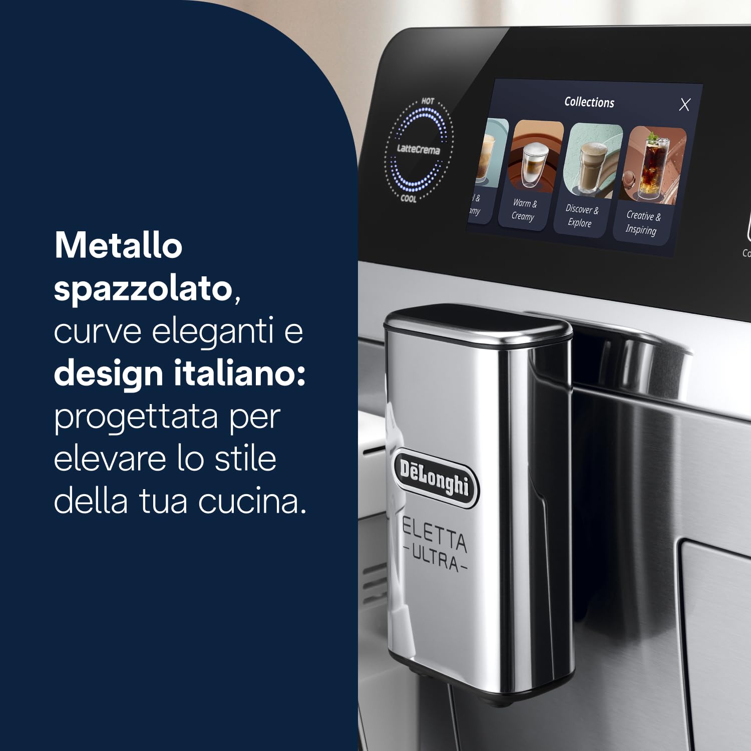 De’Longhi Eletta Ultra – Perfetto Macchina da Caffè Automatica, LatteCrema Montalatte Automatico, 50+ Bevande Calde e Fredde, Silent Technology, Display Touch a Colori, Metallo (ECAM472.85.MB)