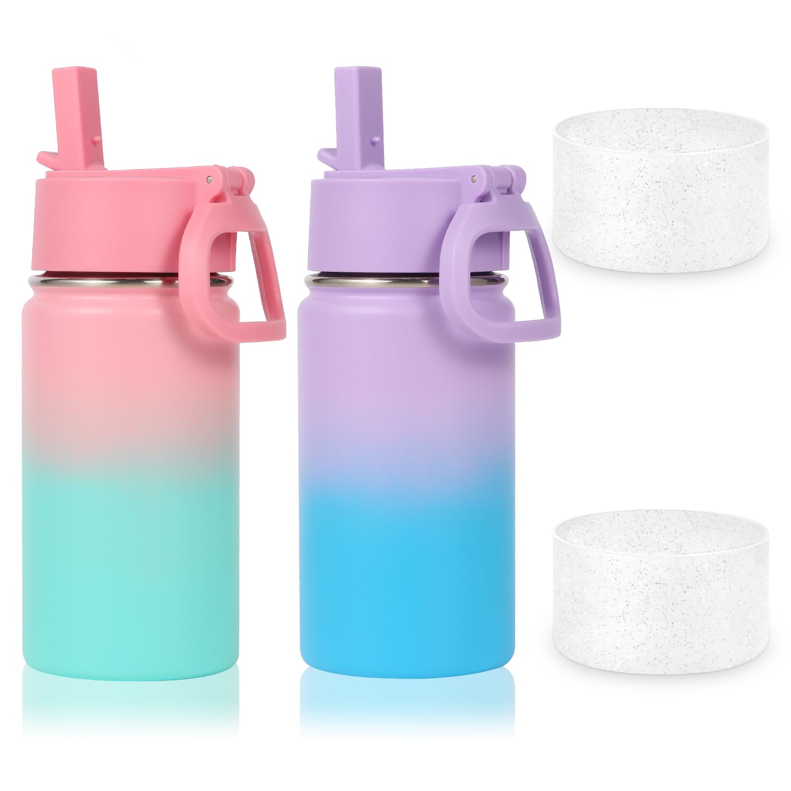 Volhoply 410ml 14oz Water Bottle with Straw Lid and Silicone Boot Bulk 2 Pack,Stainless Steel Insulated Tumbler for Boys & Girls Multipack,Double Wall Vacuum Leakproof Kids Bottles(Mix,2)