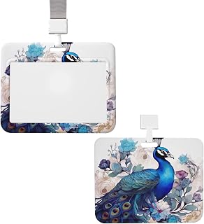 Sliding ID Badge Holder with Lanyard Plastic Card Case Protector Pouch with Clear Window ID Credit Card Name Tag Peacock Floral Badge Holder for Nurse Doctor Office Supplies
