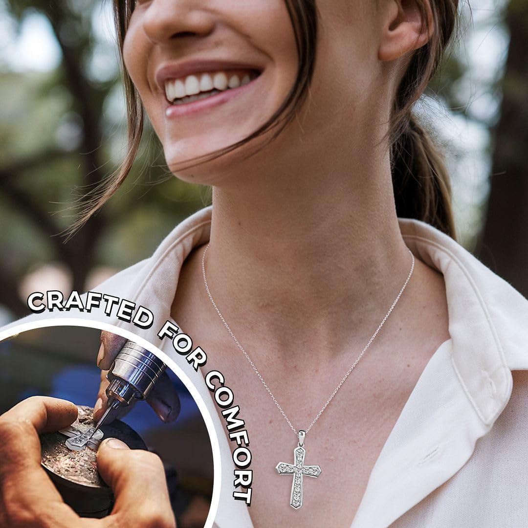 925 Sterling Silver Cross Pendant for Men & Womens - Cubic Zirconia Cross Pendants Silver Cross Jewelry - Cute Catholic Faith Religious Birthday Anniversary Sparkling Statement Gifts for Womens