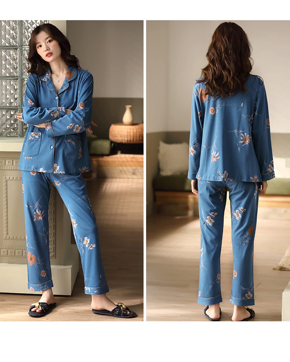 Manga Larga Pijama De Mujer De Dos Piezas,Conjunto De Pijama De Manga Larga para Mujer, Cuello De Muesca Clásico, Suave Y Cómodo, Algodón Puro, Azul, Ropa De Salón, Pijama De Otoño Invierno Par