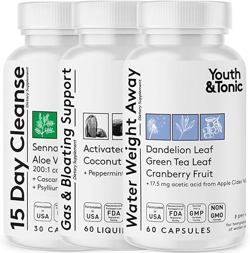Youth & Tonic 3 pastillas de hinchazón del vientre para hinchazón, deshinchazón de agua, desintoxicación de limpieza de estómago, intestino y colon