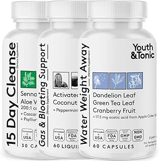 Youth & Tonic 3X Belly Bloating Pills for Puffiness, Water Debloat, Stomach, Gut & Colon Cleanse Detox | with Liquid Activated Charcoal, Coconut & Peppermint Oil, Senna Leaf & More | 150 Capsules