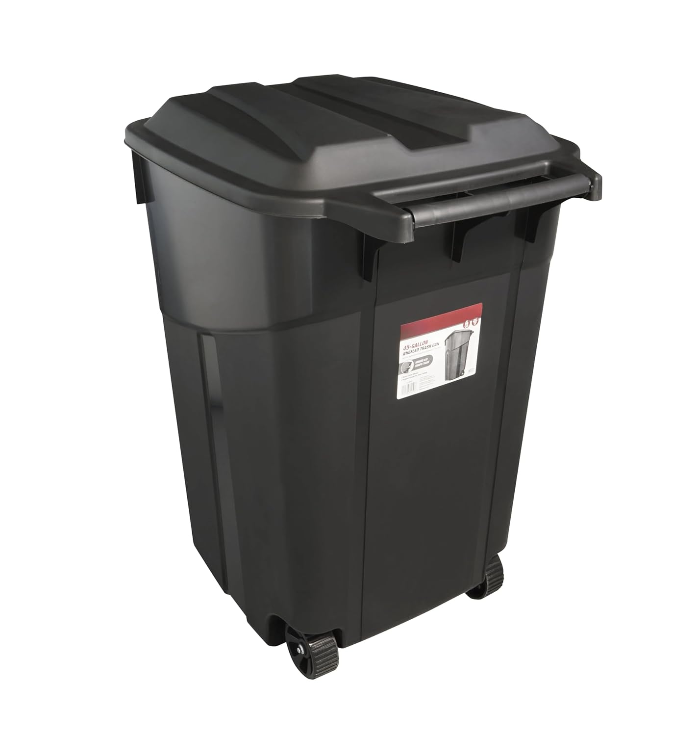 (2 Pack) 45 Gallon Wheeled Heavy Duty Plastic Garbage Can, Attached Lid, Black (2)