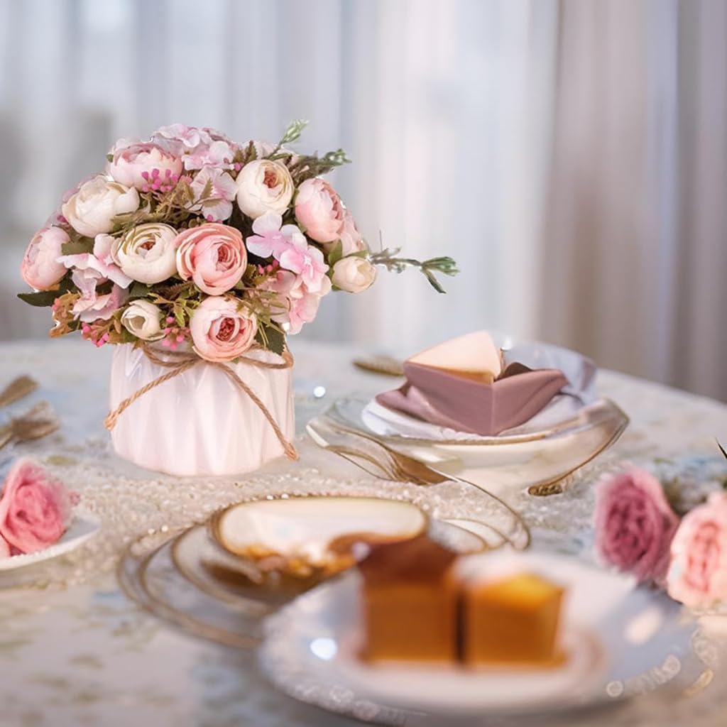 Hbluefat Fake Flowers in Vase, Small Artificial Silk Flowers with Ceramic Vase, Faux Flower Arrangement for Home Office, Coffee Dining Table Centerpiece Decor (Pink,Spring Tea Bud) - Image 2