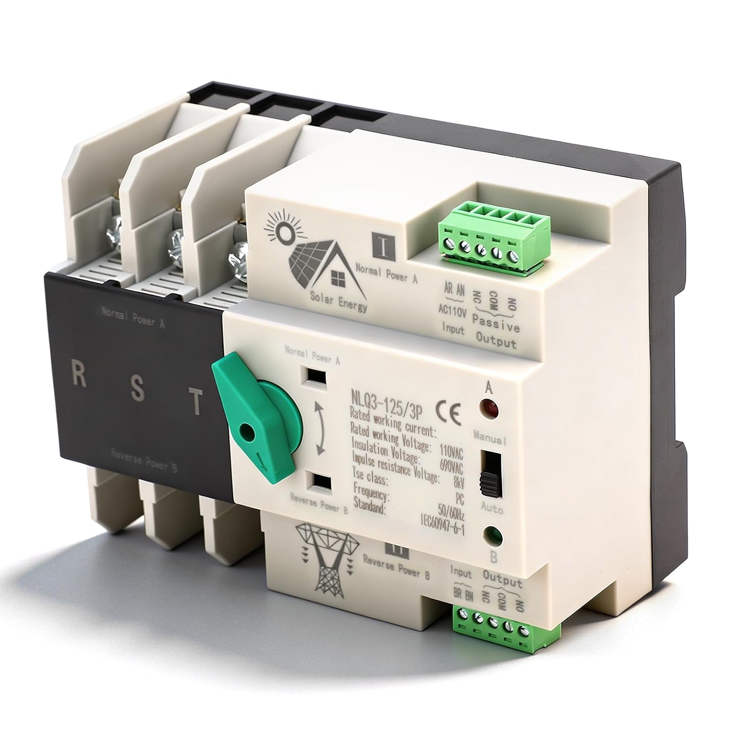 Oumefar Dual Power Automatic Transfer Switch 3P 63A 110V AC with Manual Auto Mode 35mm DIN Rail for Generator Inverter Solar PV System