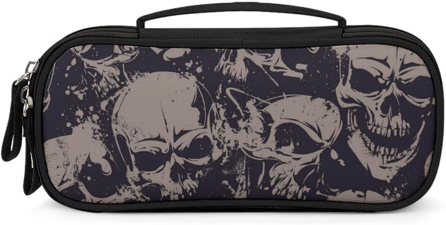 Many Skulls Get Together Multi-Purpose Organiser Pouch with Handle Durable PU Leather Pen Pouch Portable Makeup Storage Bag for Travel Everyday Carry Desk Organisation 21x11x4.5cm Size