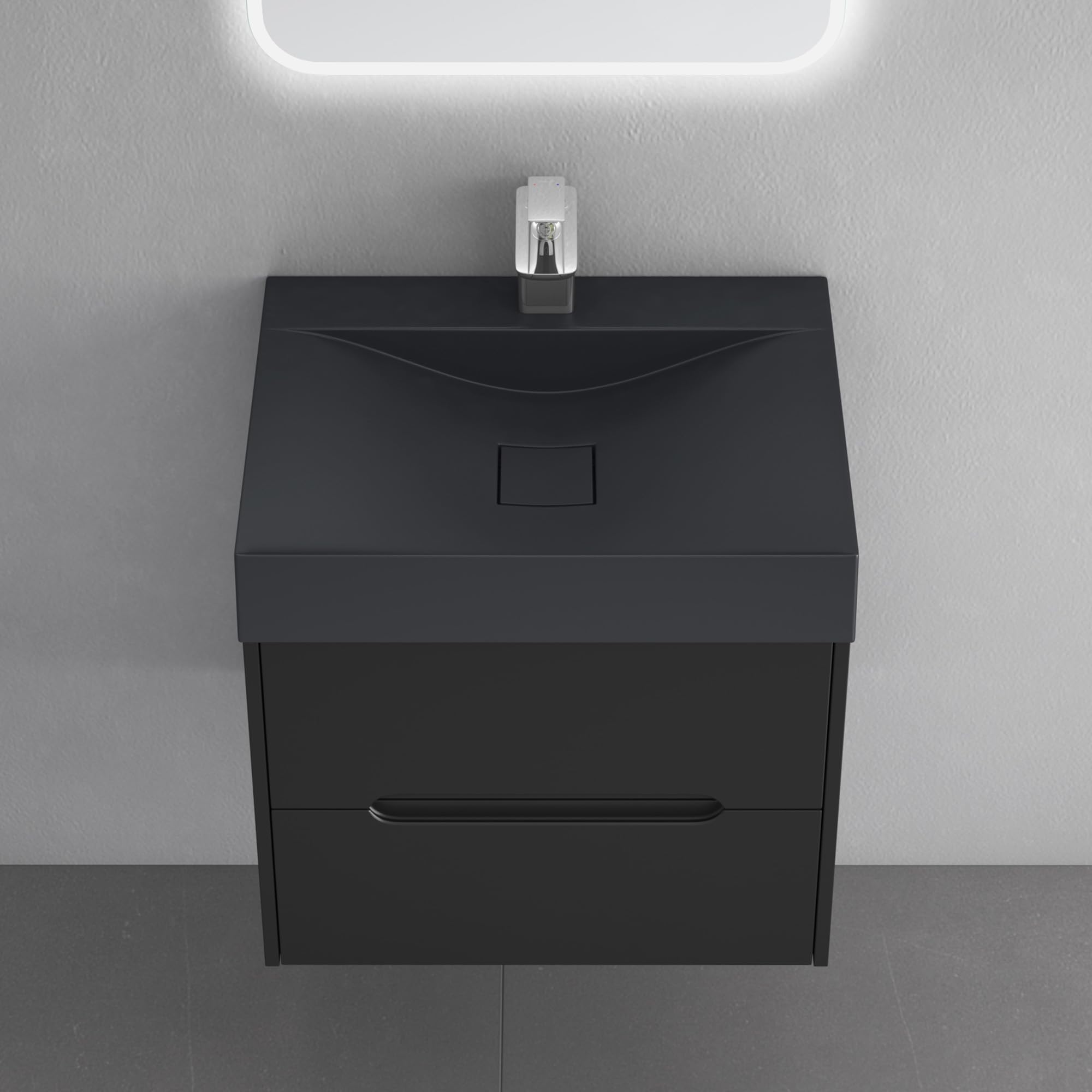doporro Meuble de Salle de Bain Suspendus Noir Mat 60x48x56cm Ensemble de 2 Pièces Meuble avec Lavabo Design Yoga-Lackier