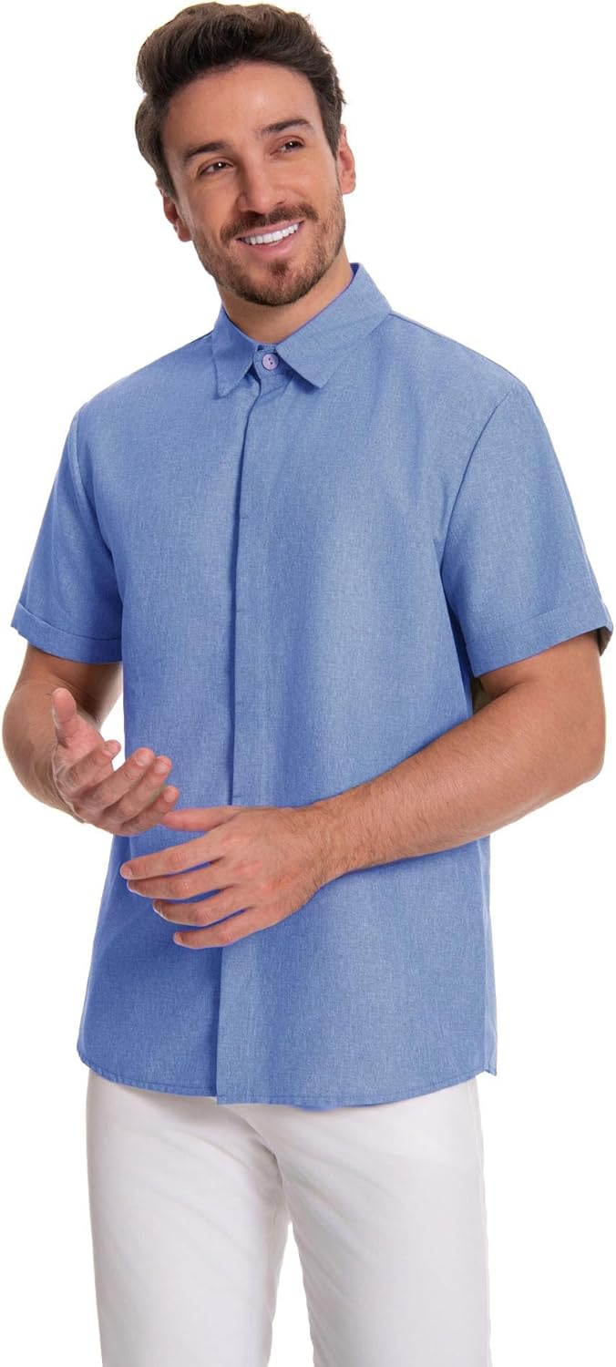 SOMTHRON Men's Linen Shirts Casual Short Sleeve Button Down Beach Summer Vacation Holiday Wedding Tops - Image 6