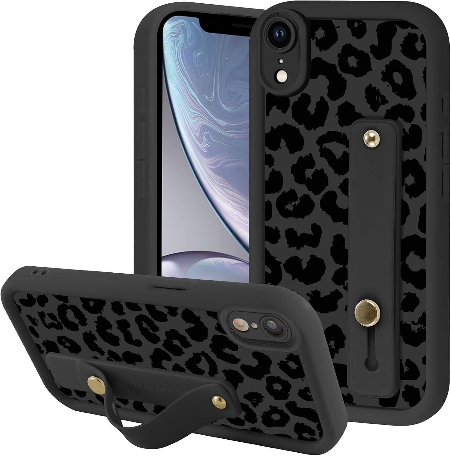 Aesthetic Black Leopard Print Phone Case for iPhone 12 Pro Max with Adjustable Finger Hand Wrist Strap Holder Kickstand Silicone Shockproof Protection Funda for iPhone 12 Pro Max 6.7 Inch