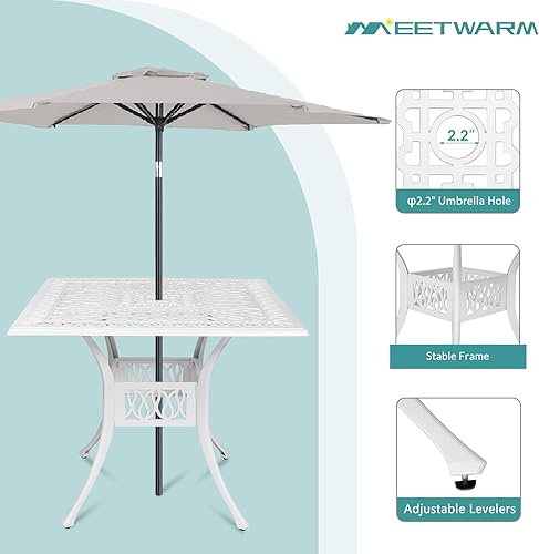 Miniatura 4 de MEETWARM Mesa de comedor cuadrada de 35.4 pulgadas para patio, mesa grande de aluminio fundido para exteriores con agujero para sombrilla de 2.2