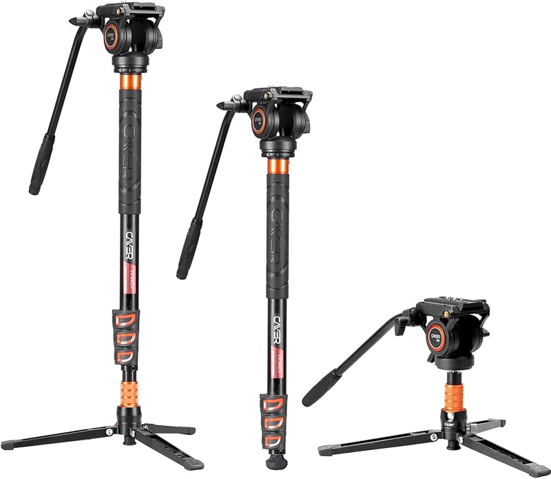 FP34 Video Monopod, 71" Alu 4-Section Fluid Head with Feet for DSLR | 4-Section Alu Tube, Fluid Head, Folding 3-Leg Base, 13.2 Lb Load, Dual-Mode Compatible Mount